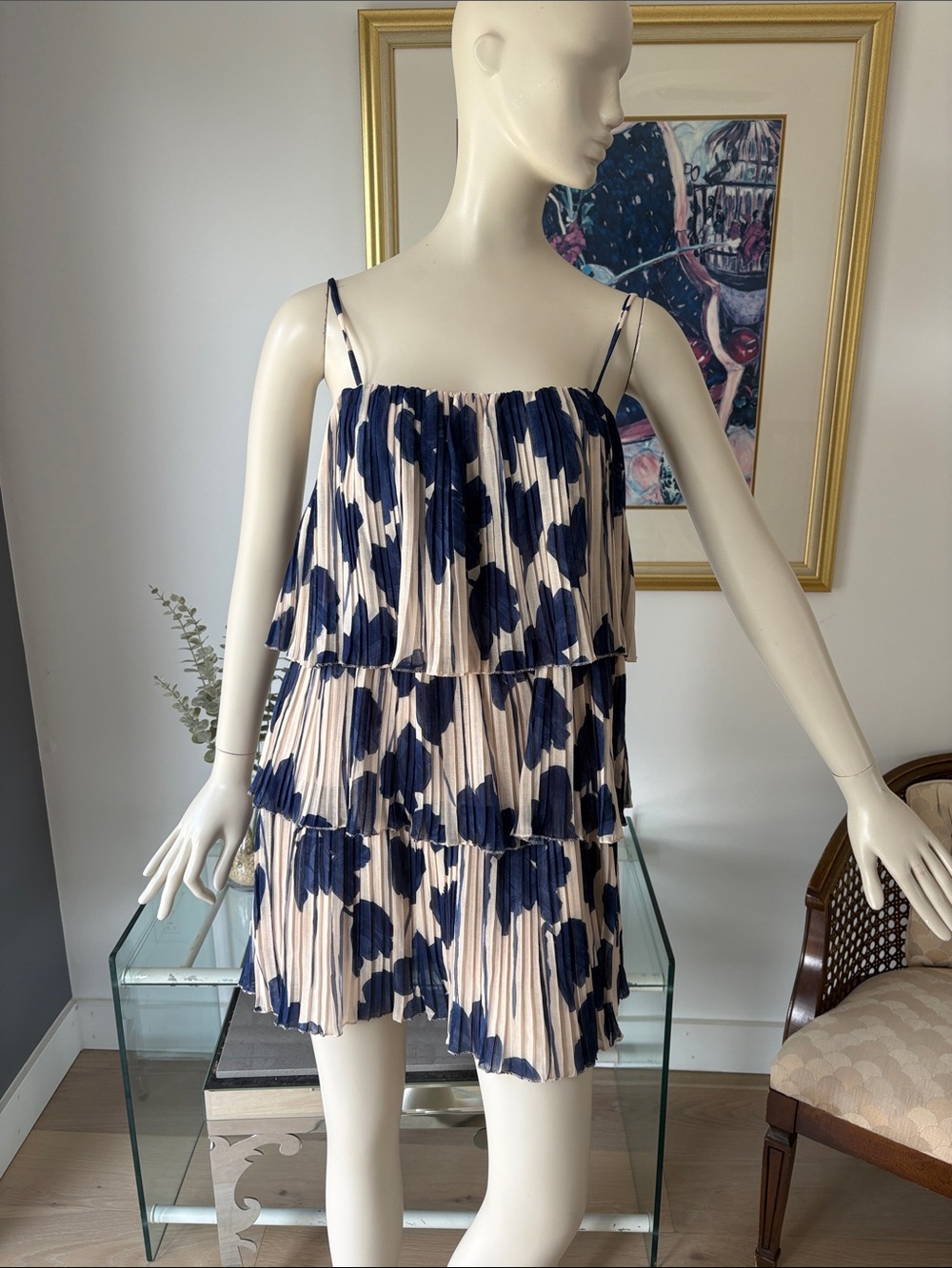 Tiered Navy Floral Spaghetti-Strap Dress - White/Navy